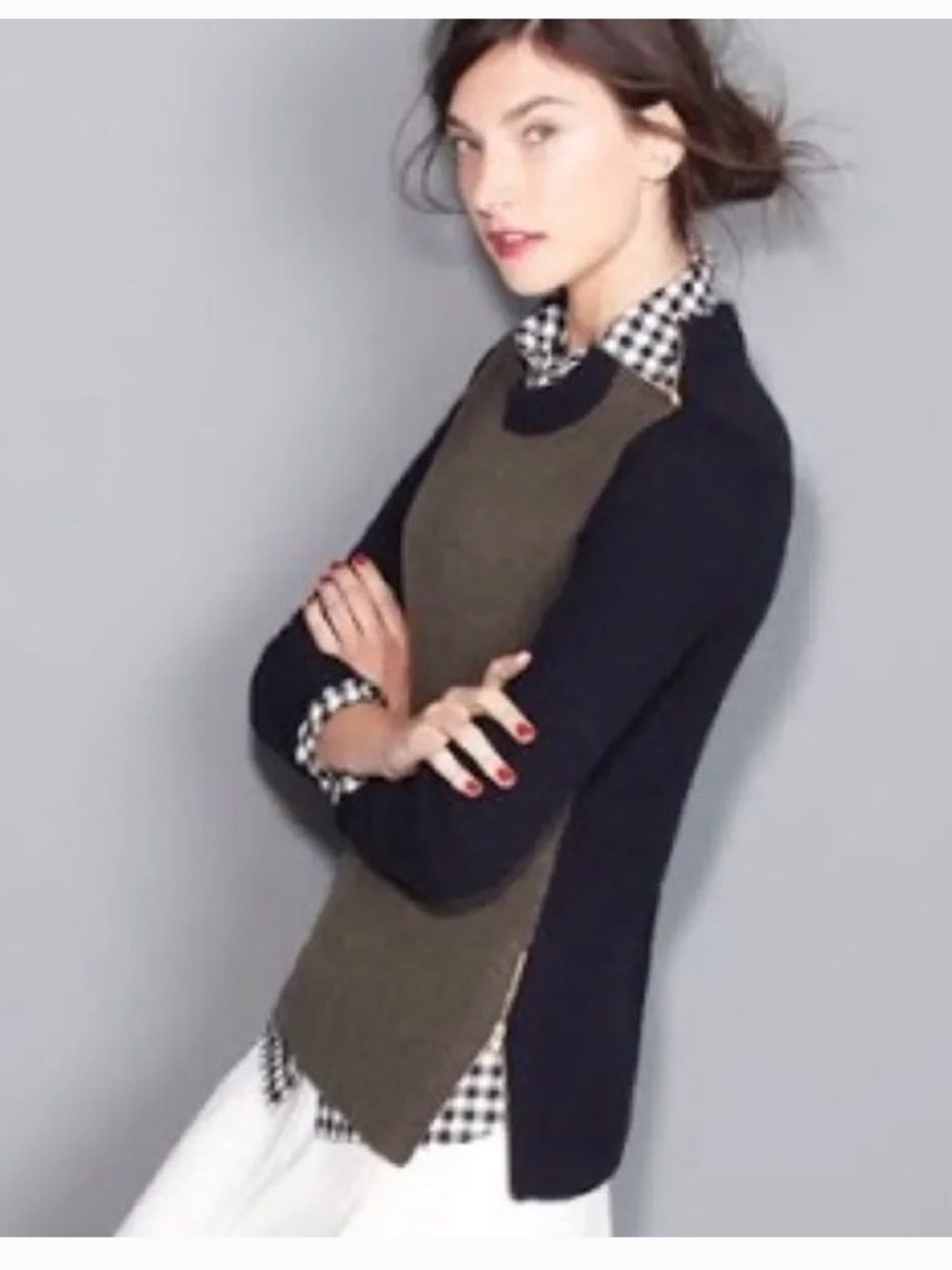 J. Crew Two-Tone Crewneck Sweater in Olive and Navy with zipper details, Size S